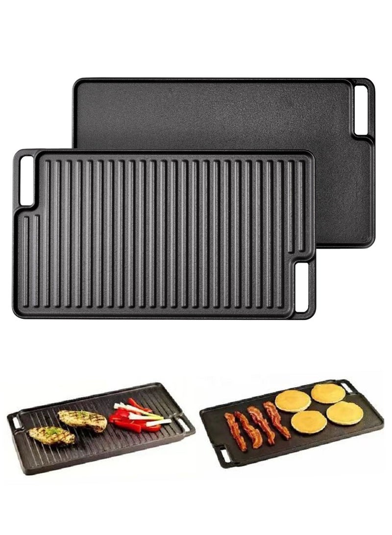 WALALLA Reversible Grill/Griddle with Handles, 46x26cm Pre-Seasoned Cast Iron Griddle,Non-Stick Family Pan Cookware, Flat Top Plate for Stove,Oven,BBQ, Gas Grill - Image 1